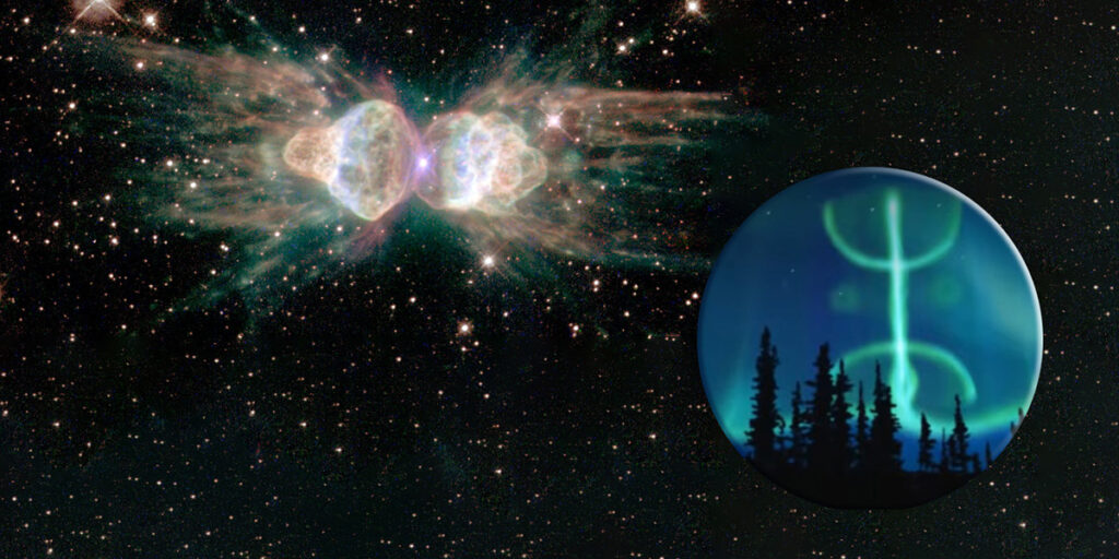 Ant Nebula mit Plasmarekonstruktion gemäss des Modells des Elektrischen Universums