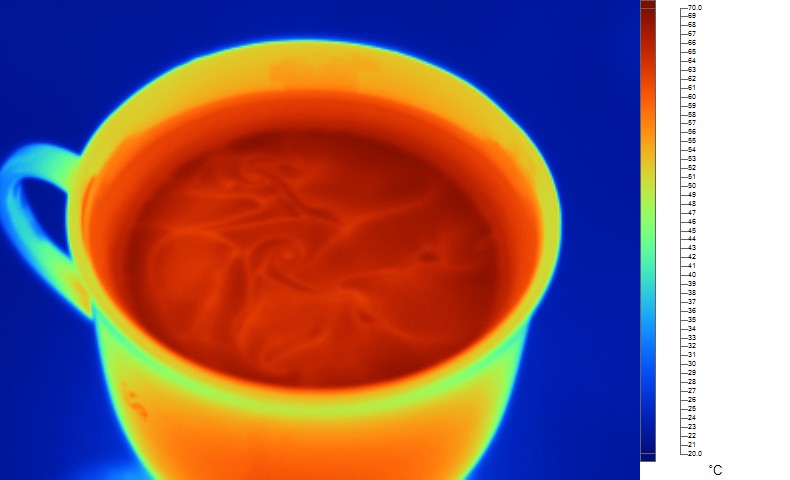 Wärmebild von heissem Wasser in einer Kaffeetasse, mit deutlicher Clusterbildung